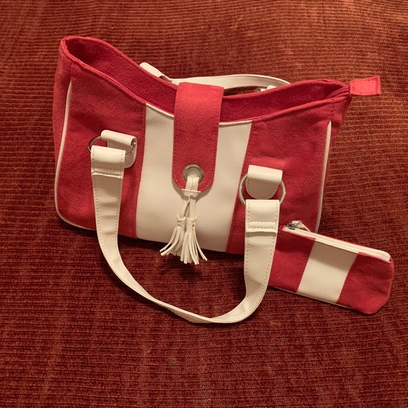 Raspberry Pink Suede and White Leather Handbag & Coin Purse - Picture 1 of 13